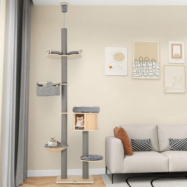 PV10173NA 6-Tier Floor-to-Ceiling Cat Tree with 100 in. & 110 in. Adjustable Height, Natural