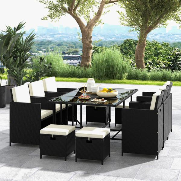 HW71702WH- Patio Dining Set Wicker Chairs & Tempered Glass Table with Waterproof Cushions, Black & White - 11 Piece