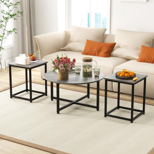 JV11013GR Coffee Table Set Round Coffee Table & 2PCS Square End Table, Grey - 3 Piece