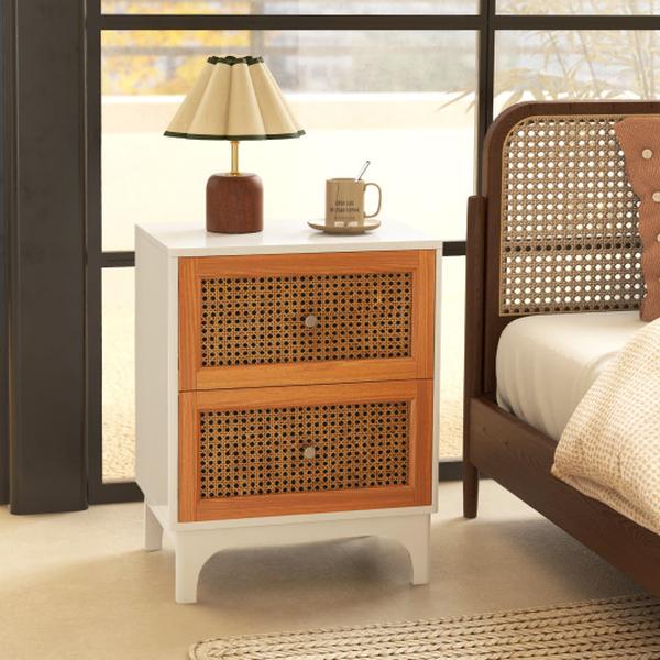 HU10462WH Boho Accent Table Nightstand with 2 Handwoven Rattan Decorated Drawers, White