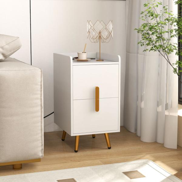 HU10585US-WH Nightstand Side Table with 2 Drawers & 2 USB Ports, White