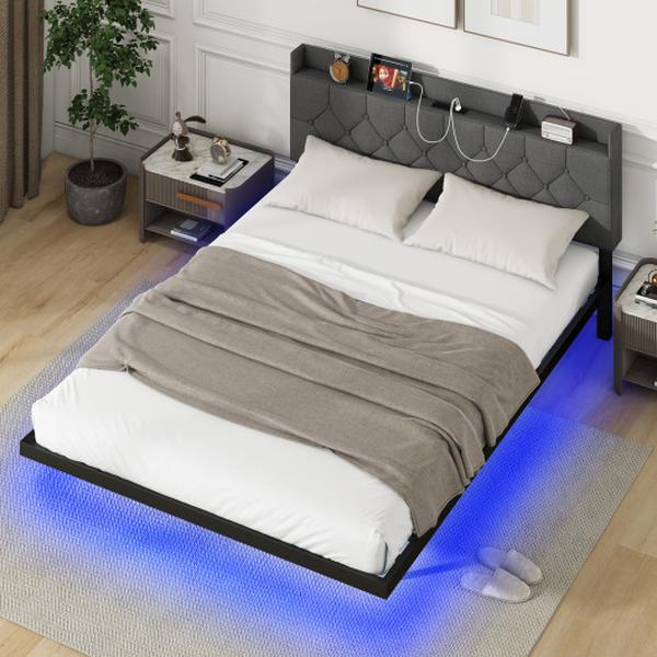 HU10661GR-Q Queen Size Floating Bed Frame with LED & Headboard & Charging Station -  Total Tactic