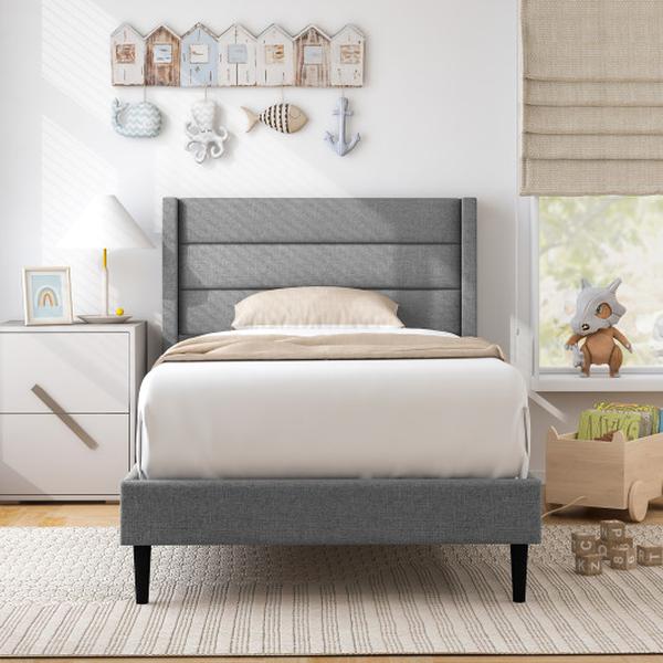 HU10729GR-T Twin Size Linen Upholstered Platform Bed Frame with Wingback Headboard -  Total Tactic