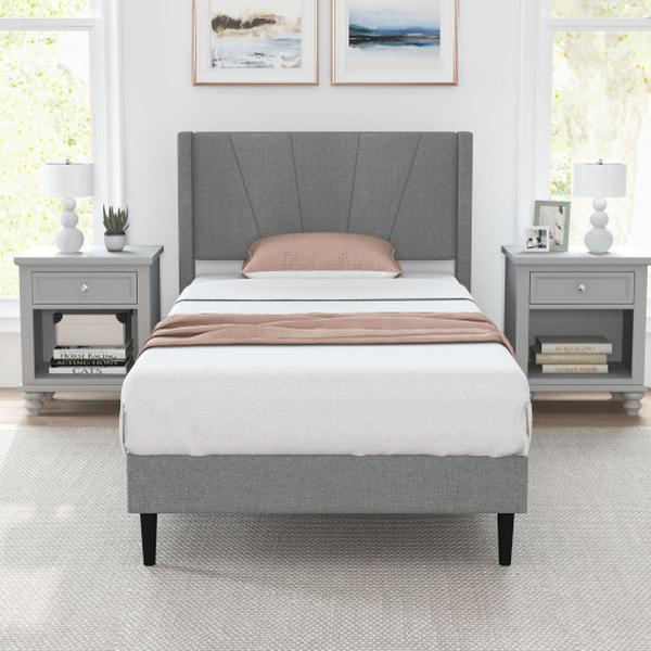 HU10730GR-T Twin Size Bed Frame with Linen Upholstered Wingback Headboard