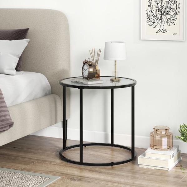 Picture of Total Tactic HV10529WH 20 in. Glass End Table with Metal Frame & Faux Marble Glass Top&#44; Black & White