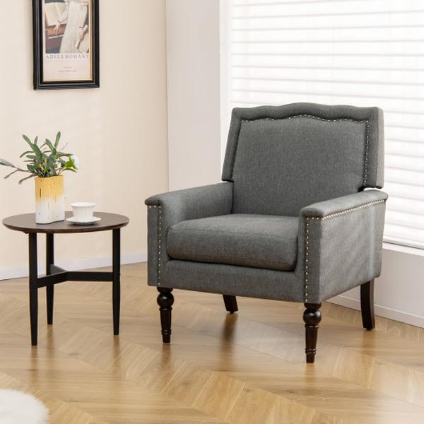 HV10569GR Mid-Century Modern Armchair Linen Fabric Upholstered Accent Chair with Cushion, Grey -  Total Tactic