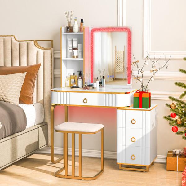 HU10617US-WH Vanity Table Set with RGB LED Lights & Wireless Charging Station, White