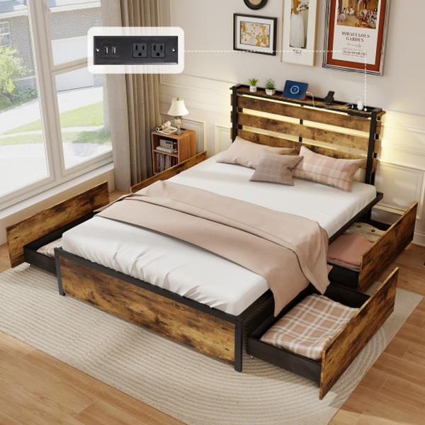 HU10699CF-F Full Size Bed Frame with Drawers LED Lights & USB Ports