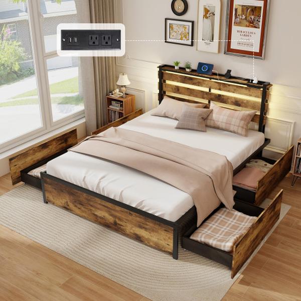 HU10699CF-Q Queen Size Bed Frame with Drawers LED Lights & USB Ports