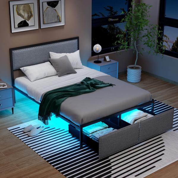 Full Size Bed Frame with LED Lights - Gray - Full - Includes Storage Drawer - 1000 lbs Capacity