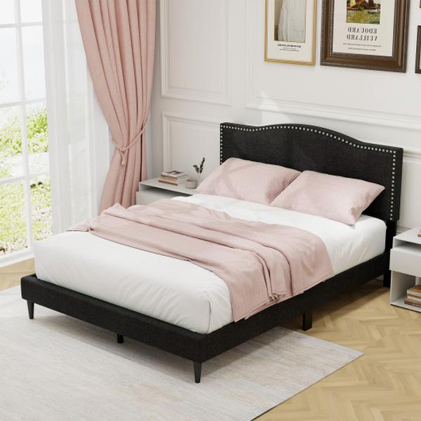 HU10712BK-Q Queen Size Upholstered Bed Frame with Nailhead Trim Headboard -  Total Tactic