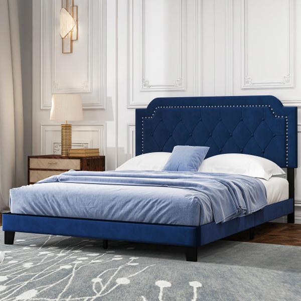HU10717BL-Q Queen Size Velvet Platform Bed with Button Tufted & Nailhead Trim Headboard