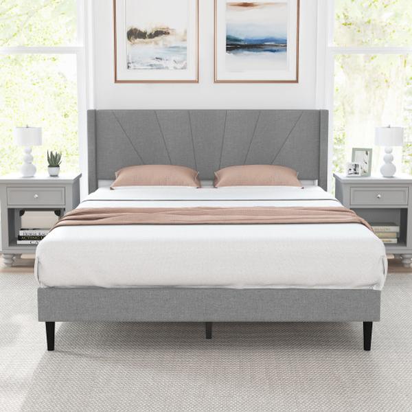 HU10730GR-Q Queen Size Bed Frame with Linen Upholstered Wingback Headboard -  Total Tactic