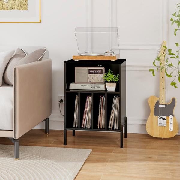 JV11192US-DK Record Player Stand with Record Storage Shelf & Charging Station, Black