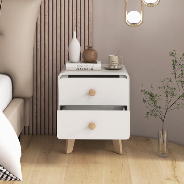 JV11466WH Nightstand with 2 Drawers Solid Rubber Wood Legs, White