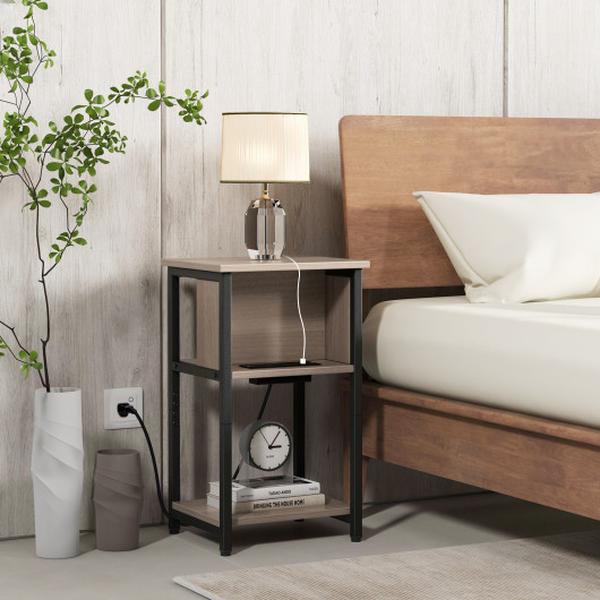 HU10486US-1GR 3-Tier End Table with USB Ports & Power Outlets