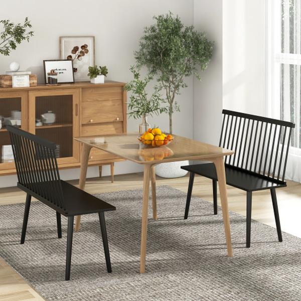 JV11587DK Entryway Bench with Spindle Back for Kitchen Dining Room Hallway, Black - Set of 2