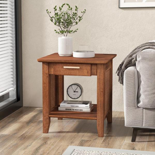 JV11598WN Rattan Nightstand End Table with Drawer & Storage Shelf, Walnut