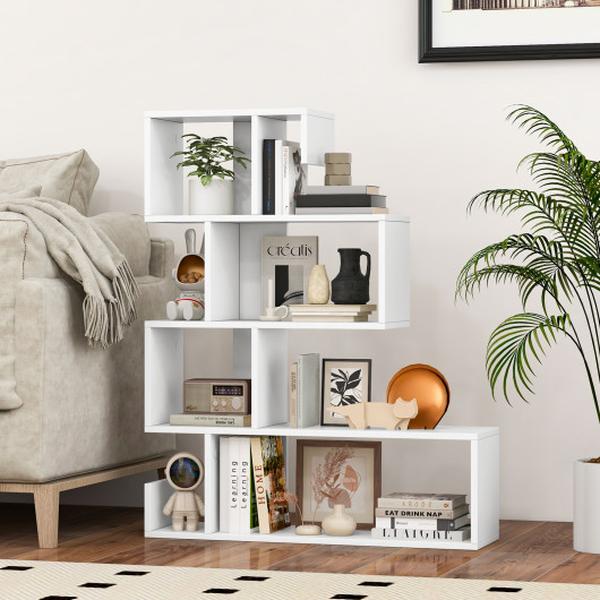 JV11627WH 5-Tier S-Shaped Bookshelf Geometric Z-Shelf Bookcase with Open Cubes, White