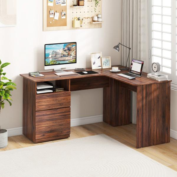 Picture of Total Tactic JV11698BN L-Shaped Computer Desk with Letter File Drawer&#44; Walnut