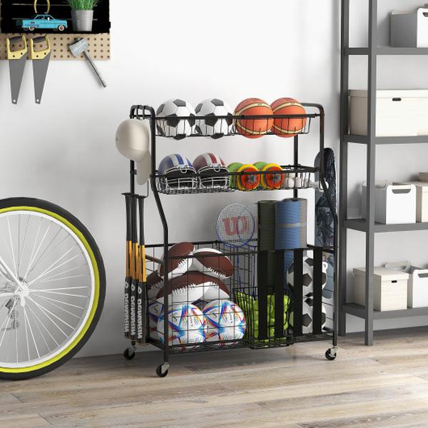 Picture of Total Tactic JZ10248DK Garage Sports Equipment Organizer with Hooks & Baskets for Basketball&#44; Black
