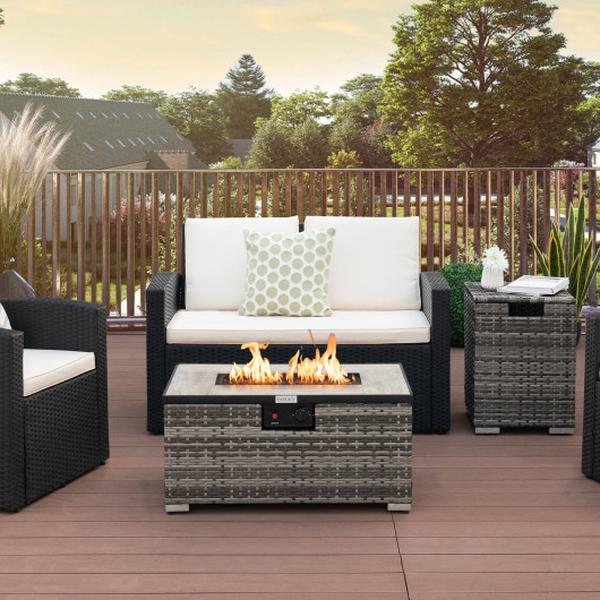 NP10261GR 32 x 20 in. Propane Rattan Fire Pit Table Set with Side Table Tank & Cover, Grey