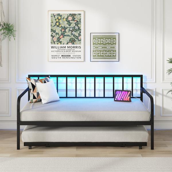 HU10700DK Twin Size Daybed with Charging Station & LED Lights, Black