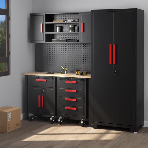 TL35746 Garage Cabinets & Storage System Set with Pegboard & Rolling Chests - 6 Piece