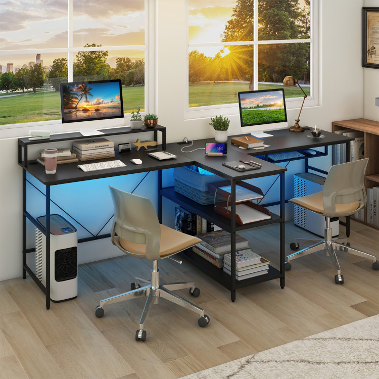 CB10582US-BK 2-Person Reversible Computer Desk Long Office Desk with LED Lights - Black