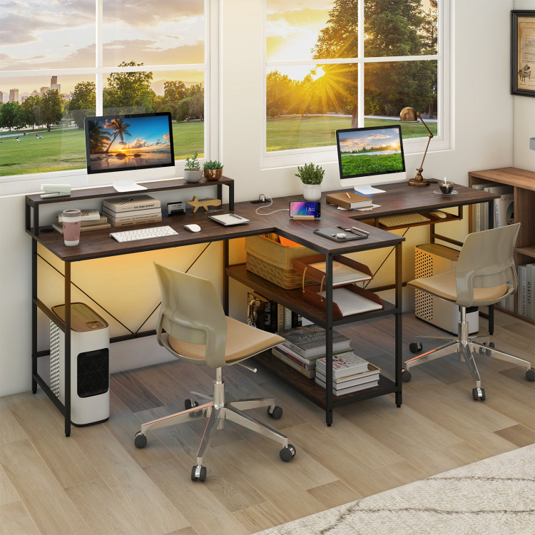 CB10582US-CF 2-Person Reversible Computer Desk Long Office Desk with LED Lights - Walnut