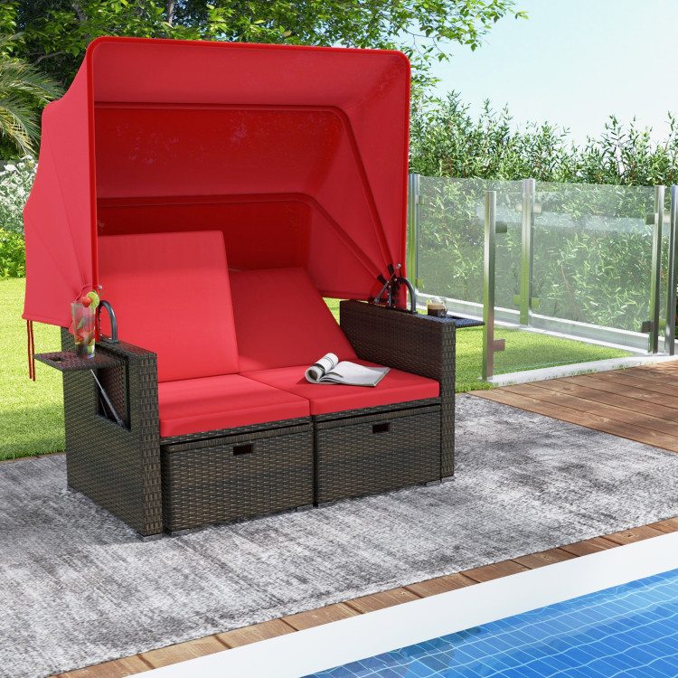 HW72573RE Outdoor Patio Rattan Daybed with Retractable Canopy & Adjustable Backrests - Red