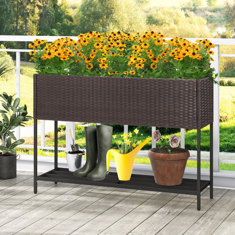 HW72720 Wicker Raised Garden Bed with Storage Shelf & Drainage Gaps for Flowers