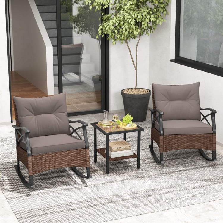 NP11577BN Outdoor Rattan Rocking Chairs Set with 2-Tier Side Table for Garden Backyard - Brown - 3 Piece