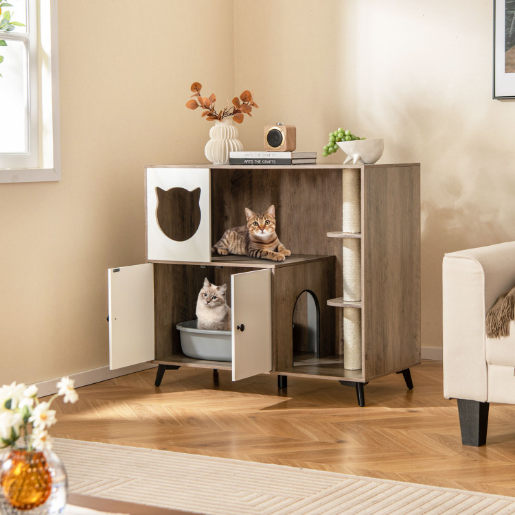 Picture of Total Tactic PV10135BN Cat Litter Box Enclosure with 3 Sisal Scratching Posts for Indoor Cats - Natural