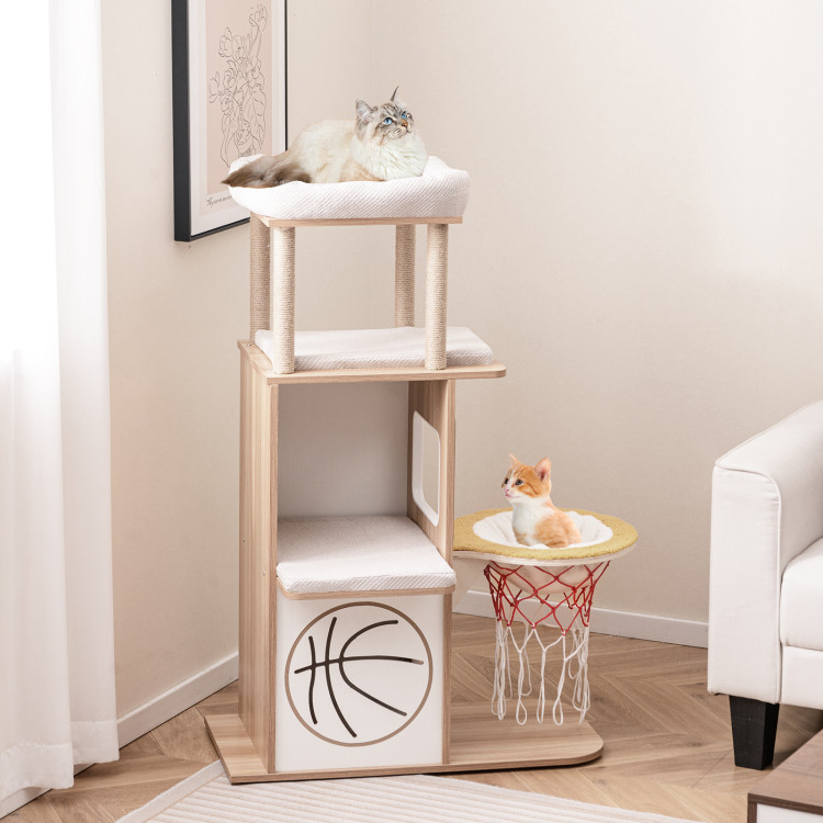 Picture of Total Tactic PV10153NA 47 in. Wooden Cat Tree with 2-Story Cat Condo & Basketball Hoop Hammock - Natural