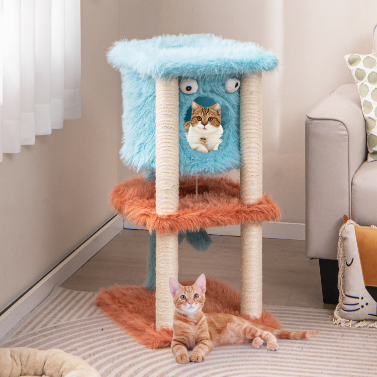 Picture of Total Tactic PV10188BL Cute Monster-Themed Cat Tower with Private Condo & Soft Long Plush - Blue