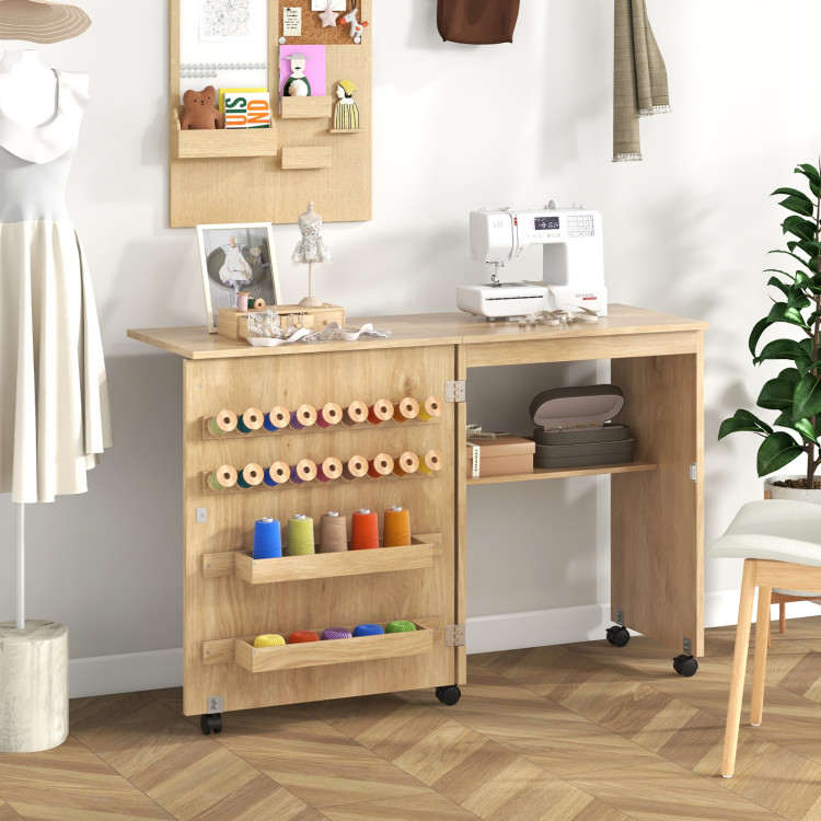 JV11552NA Folding Sewing Table with Storage Shelf & 5 Lockable Wheels - Natural