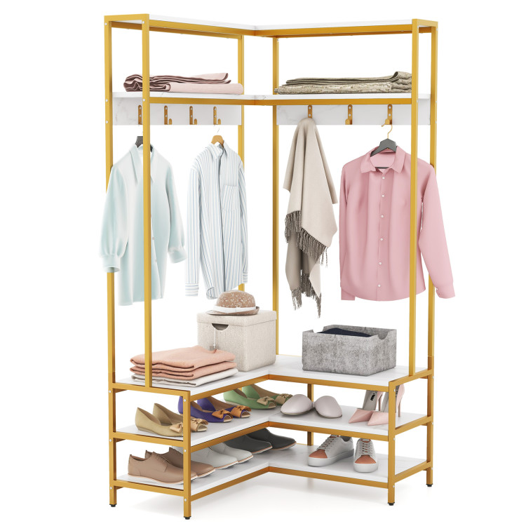 HU10555WH Corner Garment Rack with Open Shelves & 7 Hooks Shoe Bench - White
