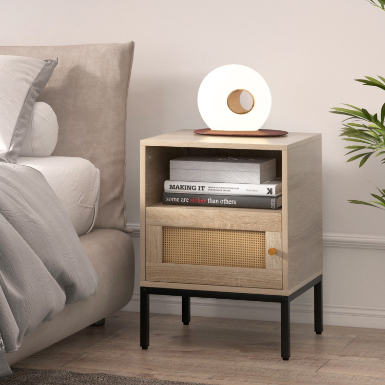 HU10620OA-1 Home Boho Style Accent Table with Open Shelf & 1 Door Cabinet - Natural