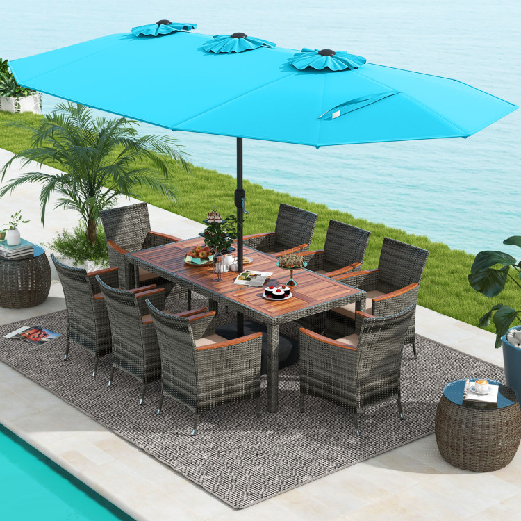 NP10209GN-HW71816 Patio Wicker Dining Set with 15 ft. Double-Sided Patio Umbrella - Turquoise - 10 Piece