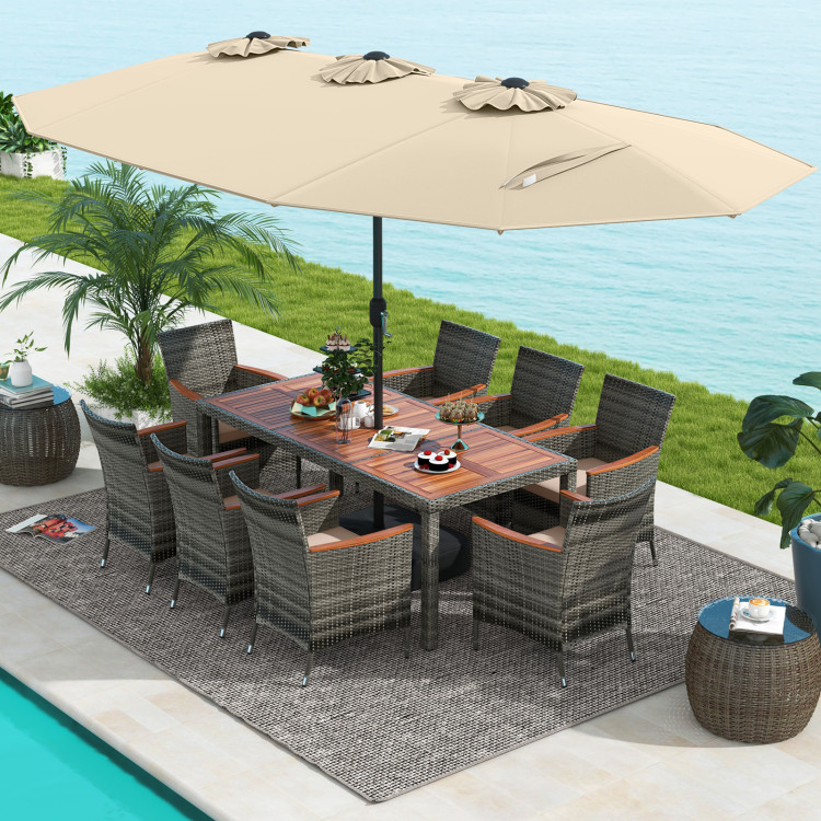 NP10209MS-HW71816 Patio Wicker Dining Set with 15 ft. Double-Sided Patio Umbrella - Beige - 10 Piece