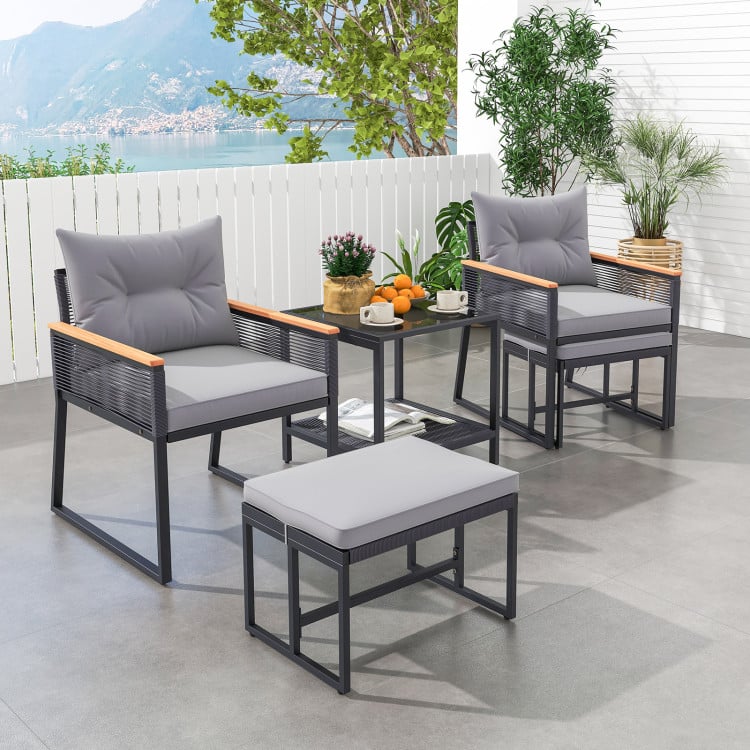 HW72145GR Outdoor Rattan Conversation Set with 2-Layer Side Table & 2 Ottomans - Gray - 5 Piece