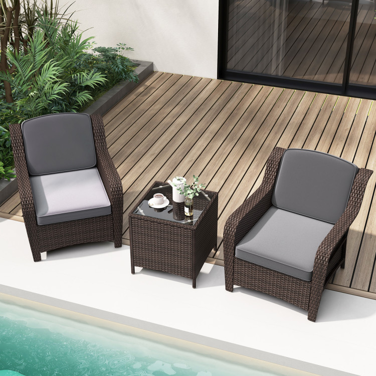 HW72184GR Outdoor Rattan Furniture Set with Cushions & Tempered Glass Coffee Table - Gray - 3 Piece