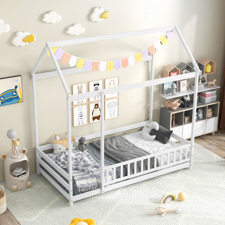 Picture of Total Tactic HU10867WH Twin Size Kids House Bed Wooden Floor Bed with Roof & Full-length Safety Guardrail - White