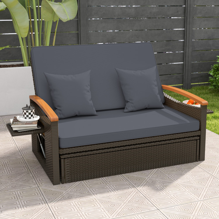 HW71627GR Outdoor Wicker Daybed with Folding Panels & Storage Ottoman - Gray