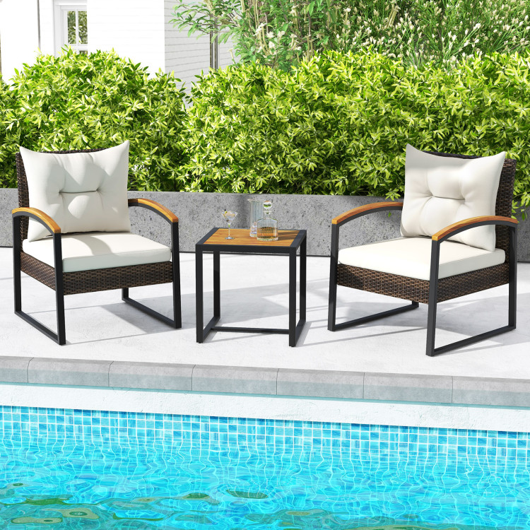 HW72313WH Patio Conversation Set with Solid Acacia Wood Armrests & Tabletop - White - 3 Piece