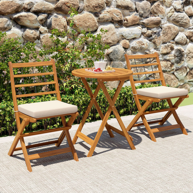 HW72586WH Acacia Wood Patio Bistro Set with Cushions - White - 3 Piece