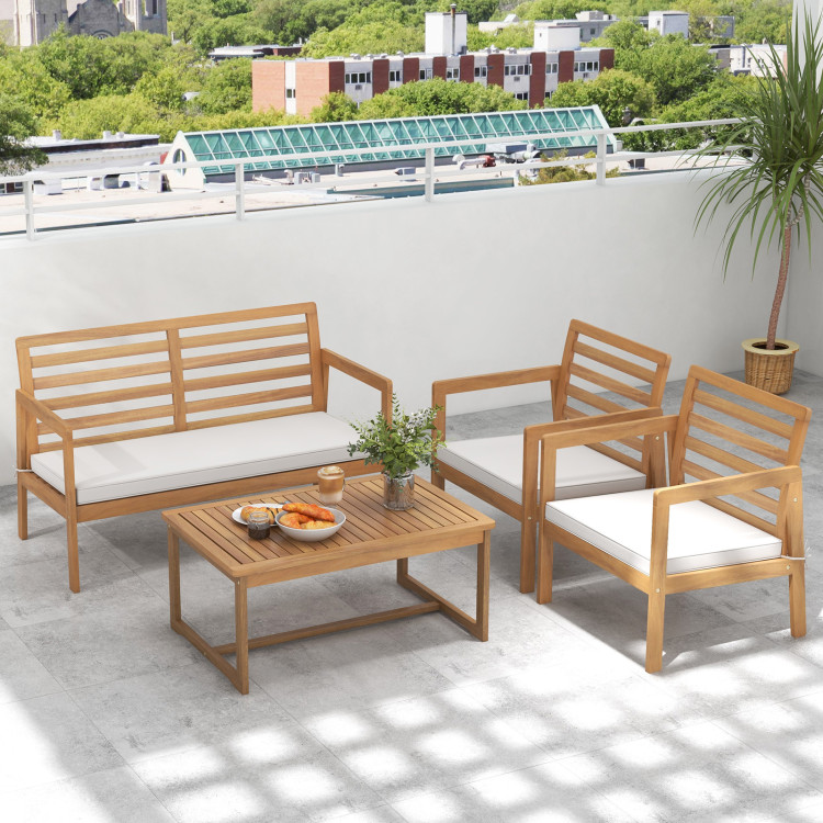 HW72813WH Wood Patio Conversation Set with 2 Armchairs & Coffee Table - White - 4 Piece
