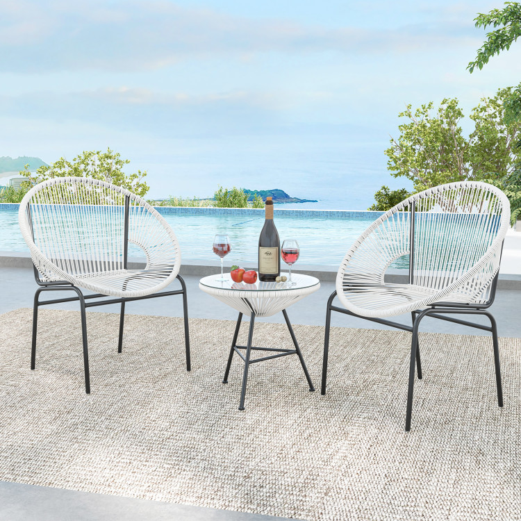 HW66981WH Patio Acapulco Furniture Bistro Set with Glass Table - White - 3 Piece