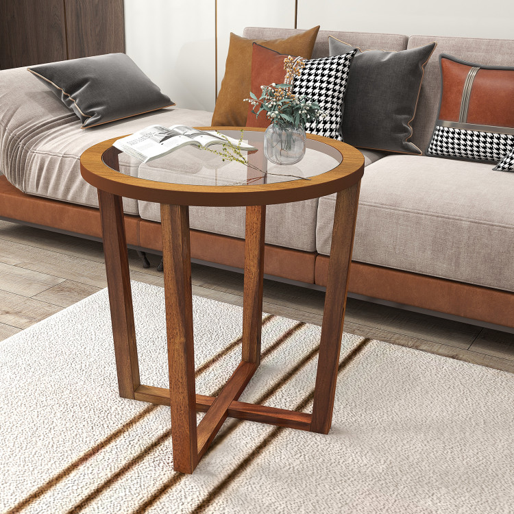 JV11664BN Modern Round End & Sofa Side Table with Transparent Tempered Glass Top - Brown
